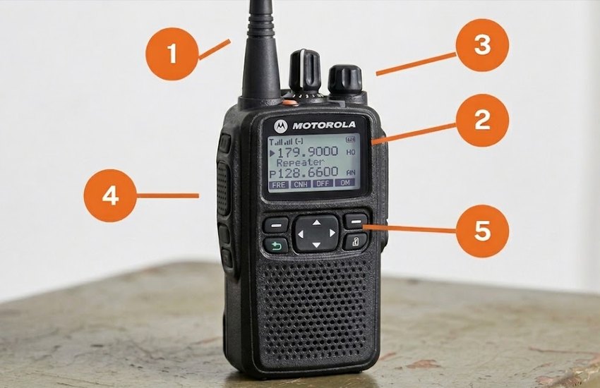 A handheld radio with five numbered pins on the antenna, the display, the top channel knob, the side push-to-talk button, and the keypad.